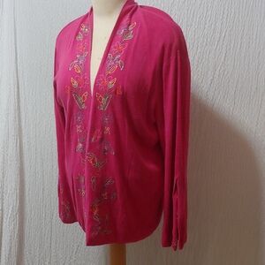 DVF 100% Silk Embroidery Fuchsia Cardigan Blouse